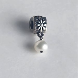 Pandora silver flower with pearl dangle charm